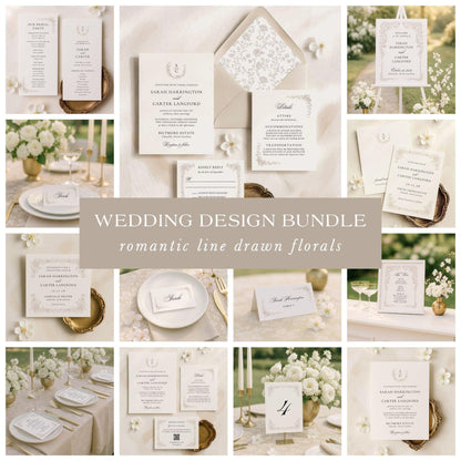 Neutral wedding invitation bundle with hand drawn floral line art displayed in an elegant beige and ivory styled flat lay.