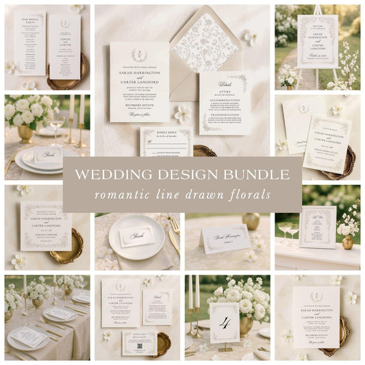 Neutral wedding invitation bundle with hand drawn floral line art displayed in an elegant beige and ivory styled flat lay.