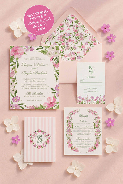 a wedding invitation suite with a floral design, including a pink and white floral pattern, and various stationery items such as an envelope, RSVP card, and RSVP card.
