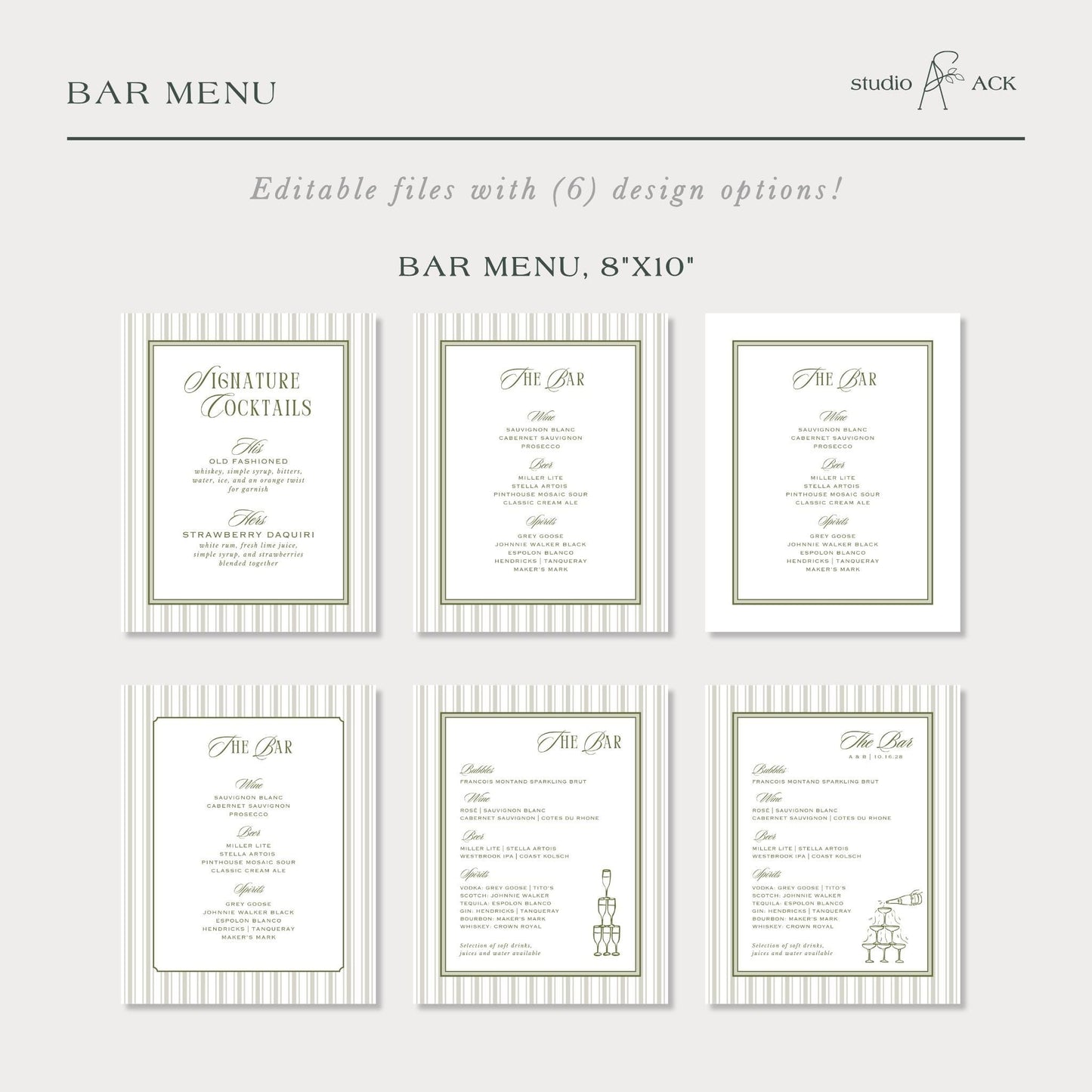 a collection of six bar menu cards, each with a different design and layout, providing a variety of drink options for a bar menu.