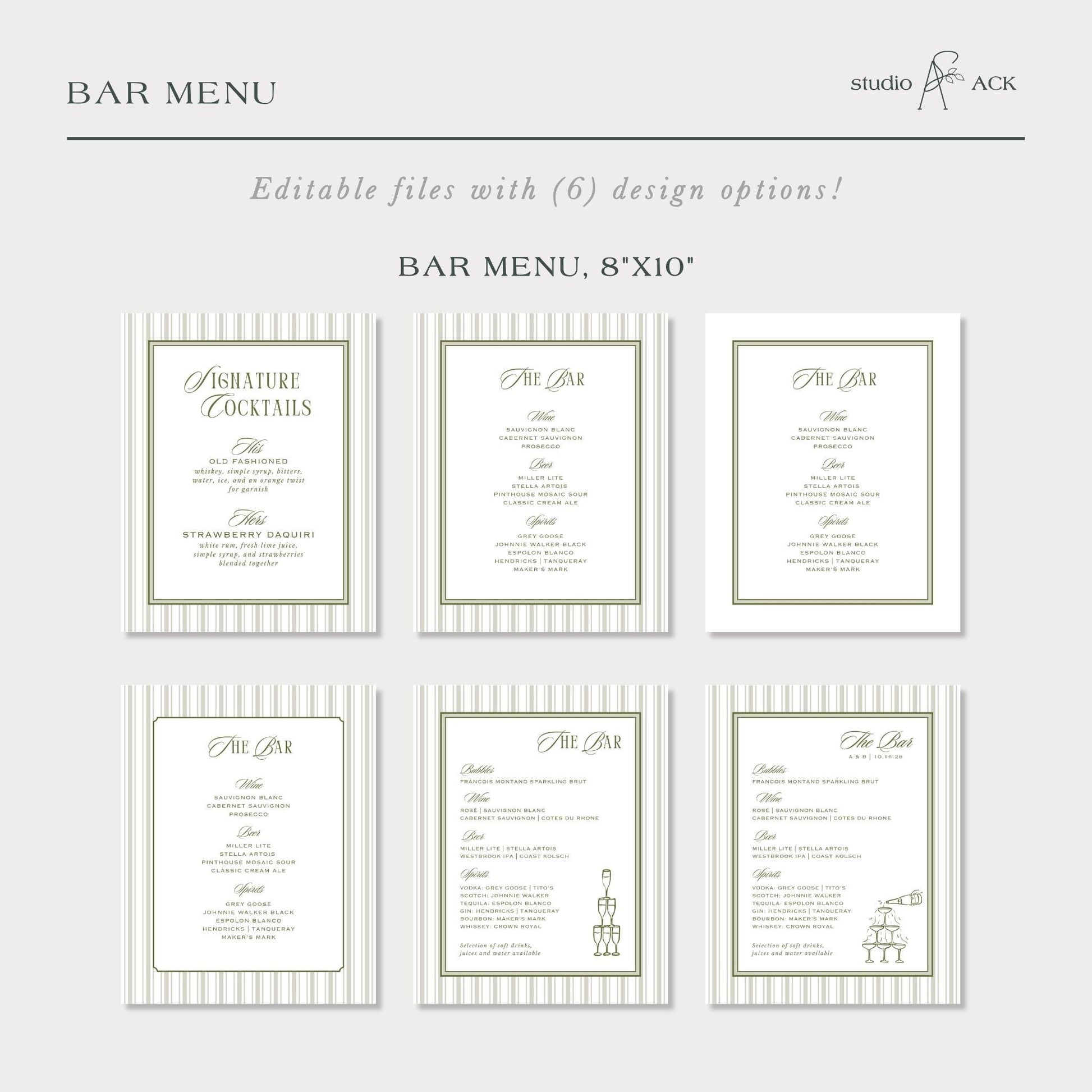 a collection of six bar menu cards, each with a different design and layout, providing a variety of drink options for a bar menu.