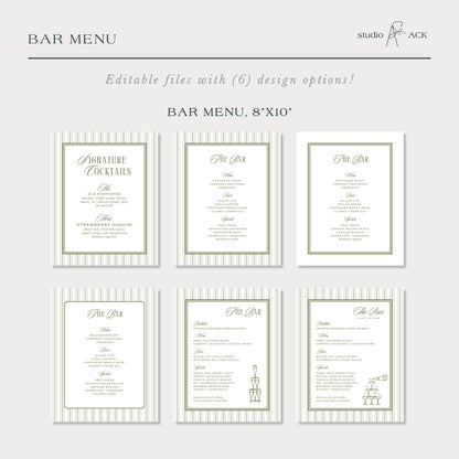a collection of six bar menu cards, each with a different design and layout, providing a variety of drink options for a bar menu.