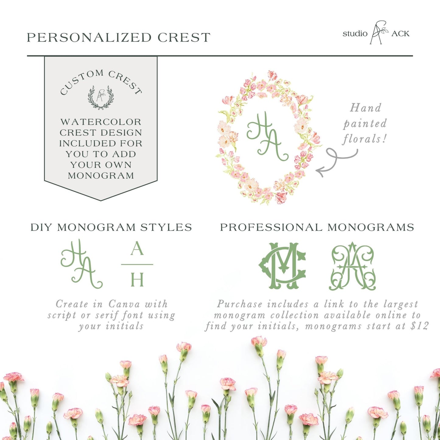 The image is a collage of various images related to personalized crest designs, including a hand-painted floral monogram, a DIY monogram style, and a professional monogram style. The images showcase different ways to create a personalized crest design, such as using a script or serif font and including a watercolor design. The images also highlight the customization options available for the design, such as adding initials and purchasing a larger monogram collection.