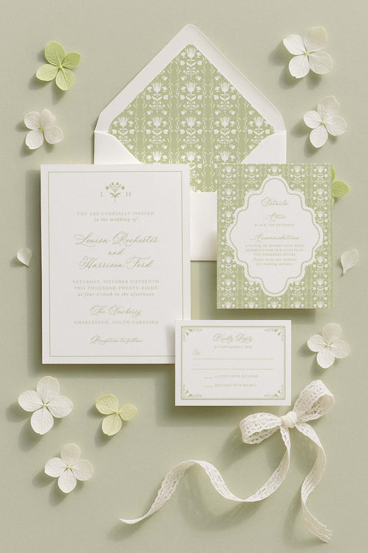 A formal wedding invitation featuring a white and green color scheme, with floral accents and a lace ribbon.