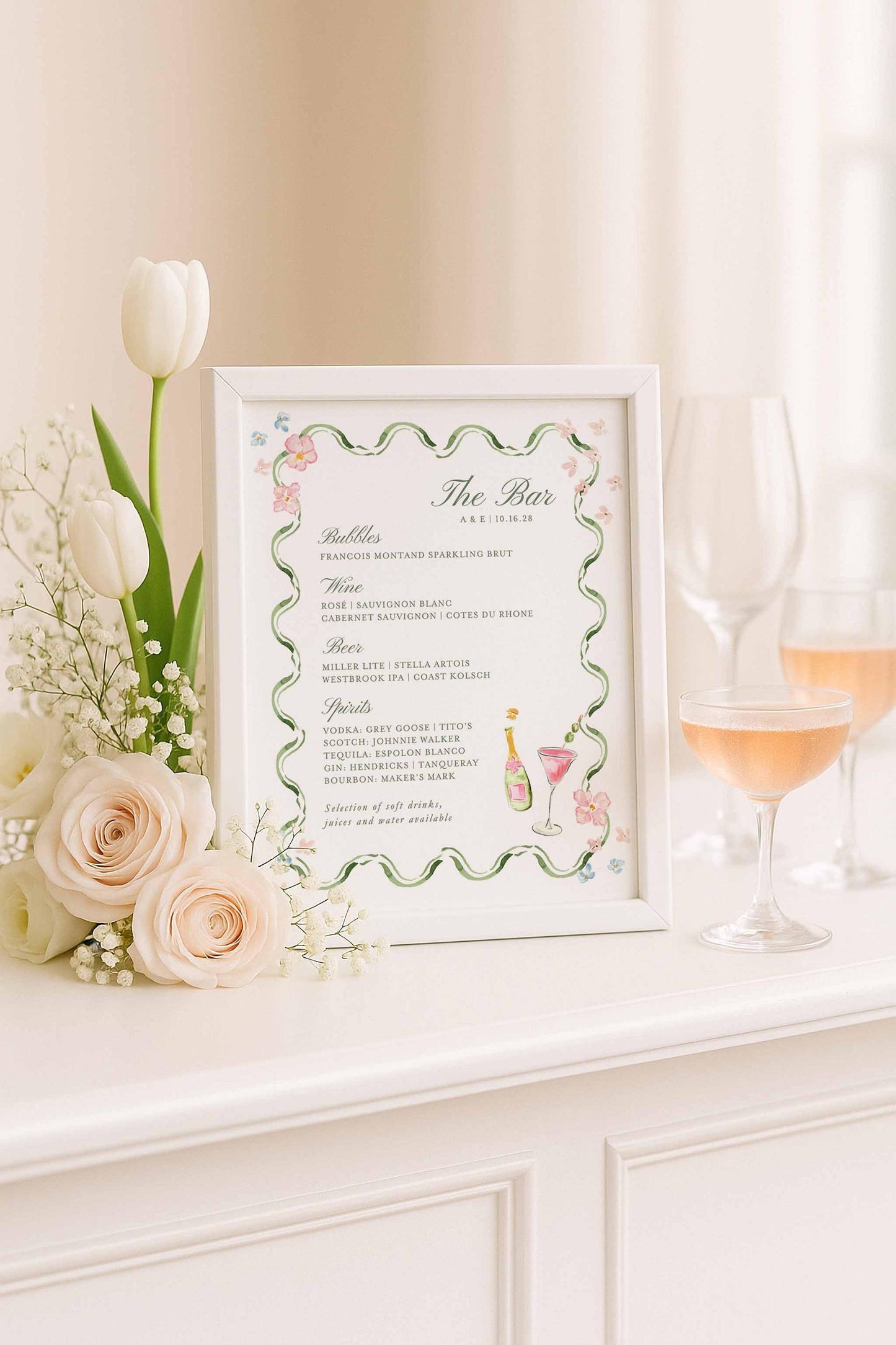 Hand-Painted Floral Wedding Bar Menu Template