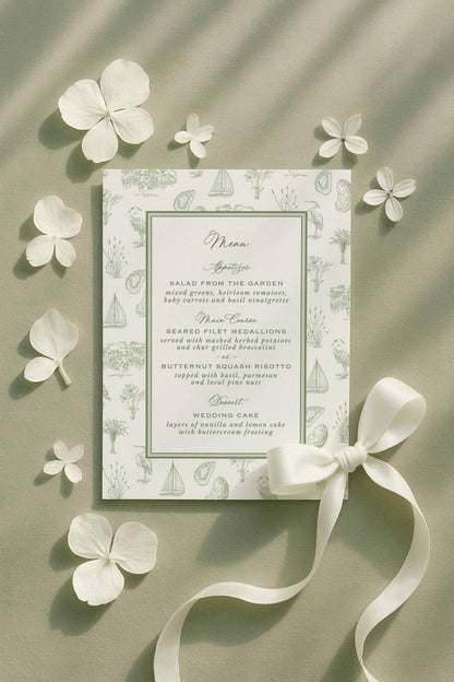 Coastal southern toile menu featuring palmetto, egret, oyster, oak tree, and marsh icons