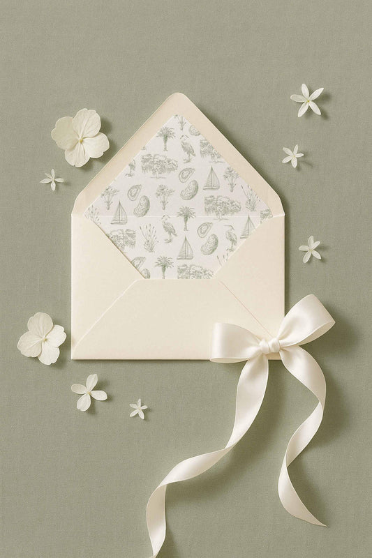 Southern toile envelope liner with hand-drawn coastal motifs: palmettos, egrets, oysters, marsh grasses. Coastal southern toile pattern liner for A7 envelopes in fine art illustrated style.