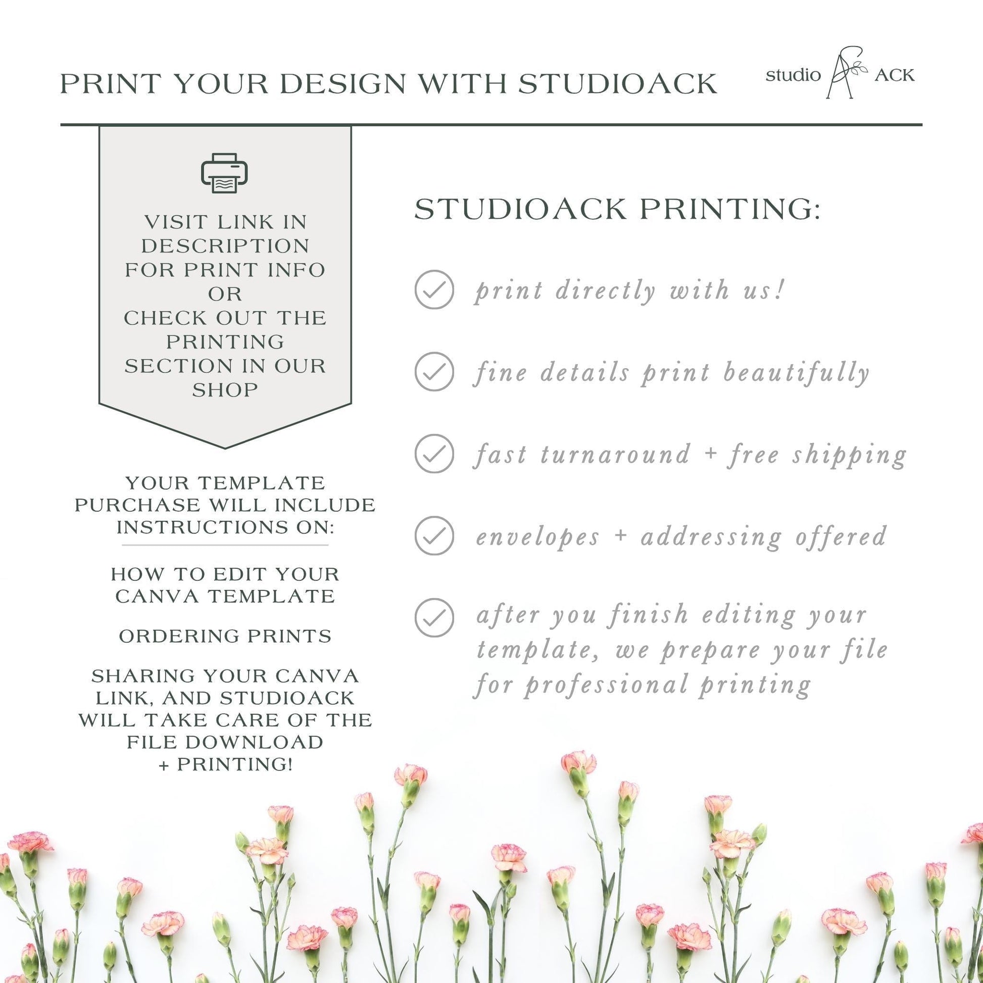 a floral background with a text box containing information about StudioAck printing services.