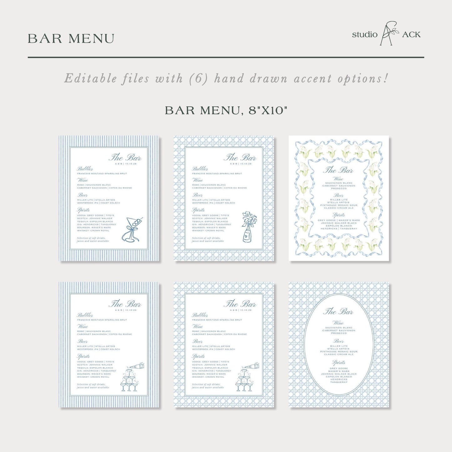 Blue Rattan Wedding Bar Menu Template