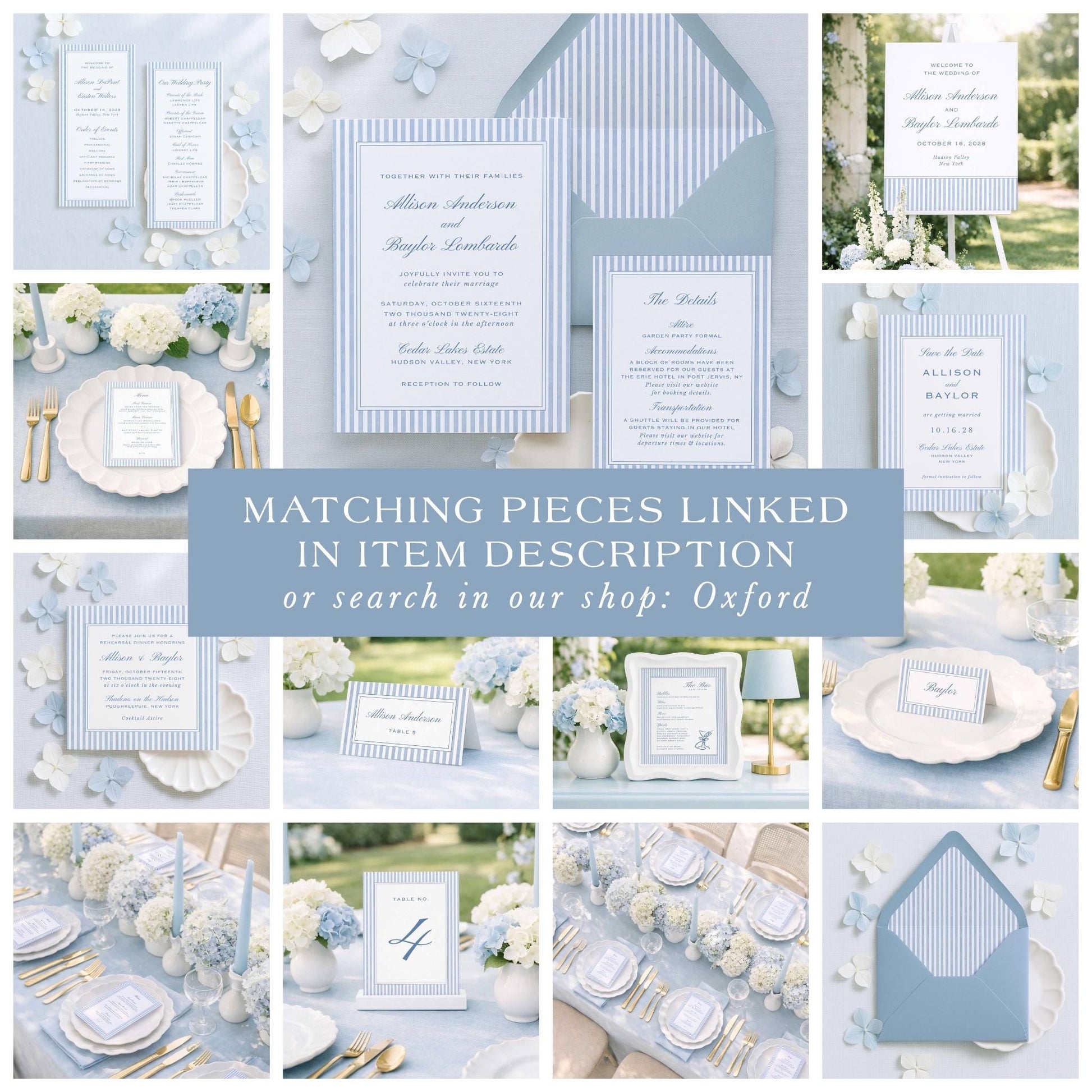 The image is a collage of various wedding-related items and details, including wedding invitations, place settings, floral arrangements, and other decorative elements, all in a light blue color scheme.