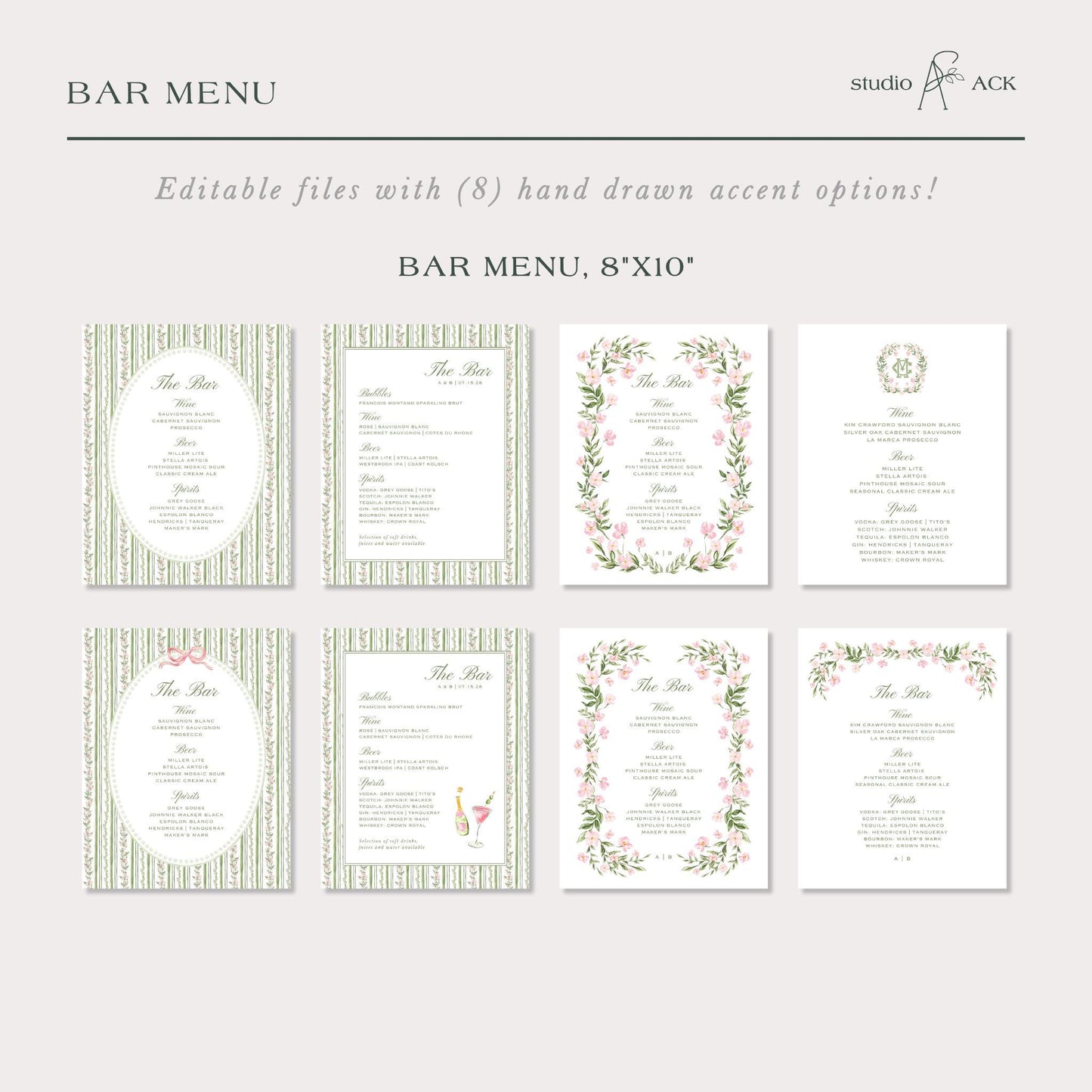 a collection of bar menu designs, each with a unique layout and decorative elements. The menus are presented in a grid format, with each design featuring a different background color and pattern. The text on the menus is not described, and the image does not contain any text. The focus is on the visual presentation of the bar menu designs.