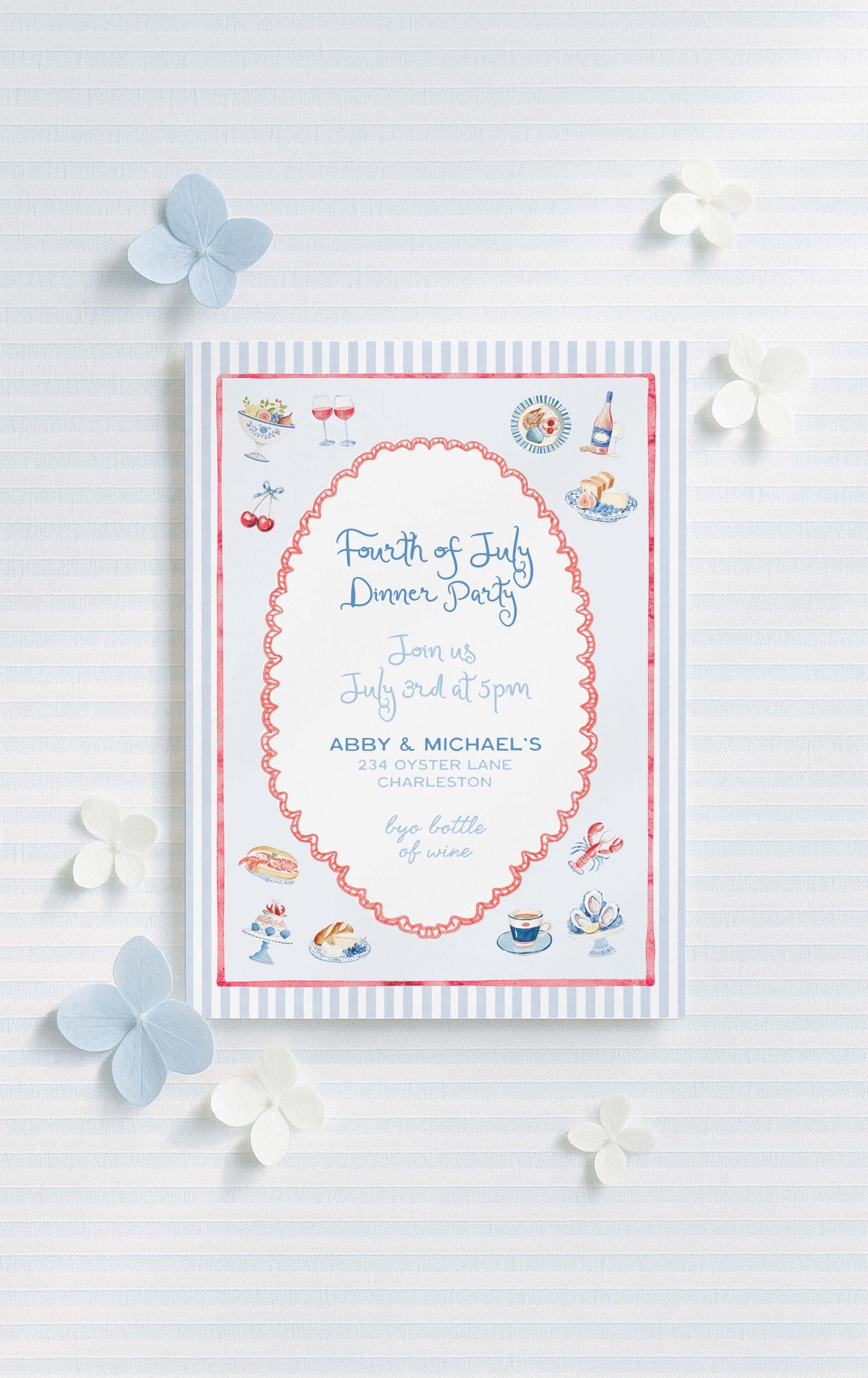 Summer Dinner Party Invitation, Fourth of July Coastal Americana Watercolor Design with Stripes, Adult Gathering Red, White & Blue Invite