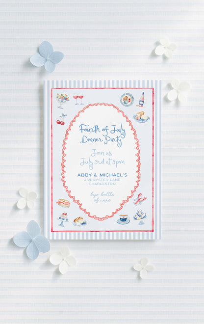 Summer Dinner Party Invitation, Fourth of July Coastal Americana Watercolor Design with Stripes, Adult Gathering Red, White & Blue Invite