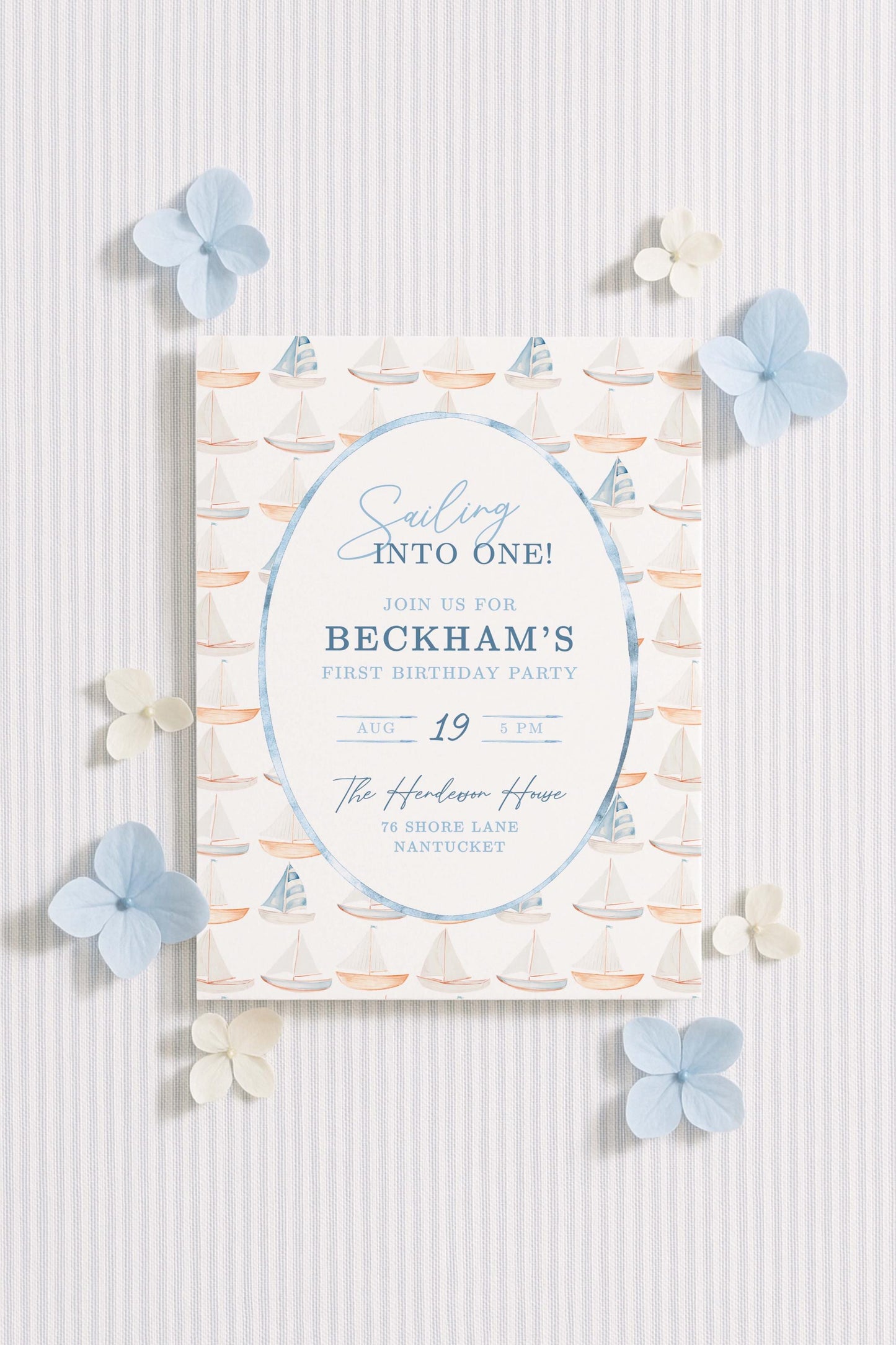 First Birthday Invite Template, Nautical Sailing Into One Boy 1st Birthday Party, Baby Boy Nautical Theme, Hand Painted Watercolor Sailboat