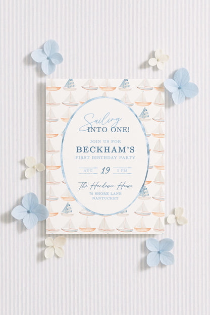 First Birthday Invite Template, Nautical Sailing Into One Boy 1st Birthday Party, Baby Boy Nautical Theme, Hand Painted Watercolor Sailboat