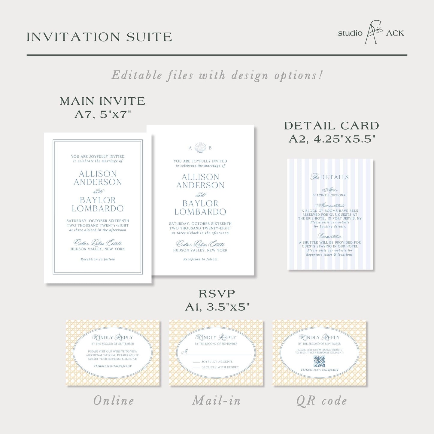 a collection of wedding invitation suite designs, including the main invitation, detail card, RSVP, and online and mail-in options.