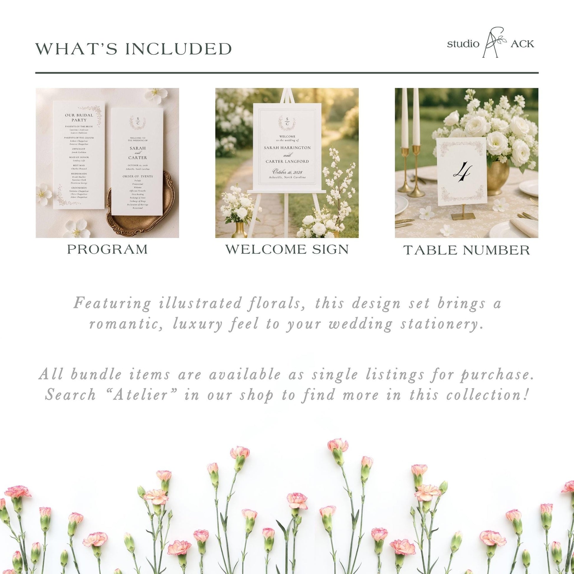 The image is a collage of three images, each depicting different elements of a wedding stationery set. The first image shows a wedding invitation, the second image displays a welcome sign, and the third image features a table number. The text in the image provides information about the items included in the set, and it mentions that all bundle items are available as single listings for purchase.