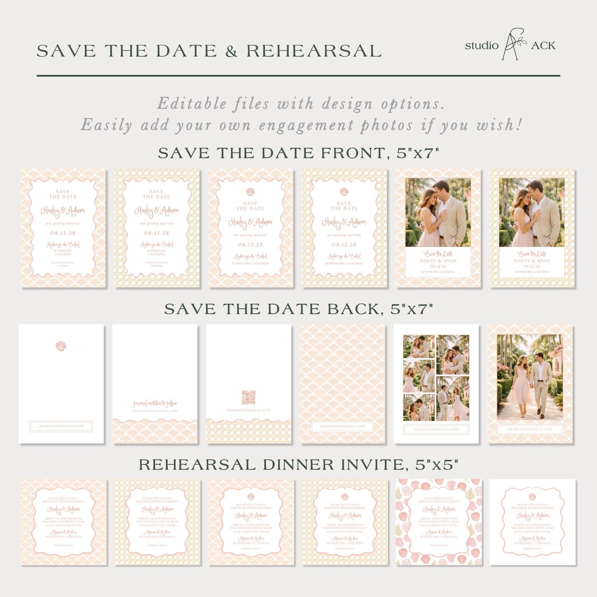 a collection of wedding invitation designs, including save the date and rehearral dinner invitations, as well as a save the date back design. The designs feature various patterns and layouts, with some featuring photographs of couples. The text in the image provides information about the design options and how to customize the save the date and rehearral dinner invitations.