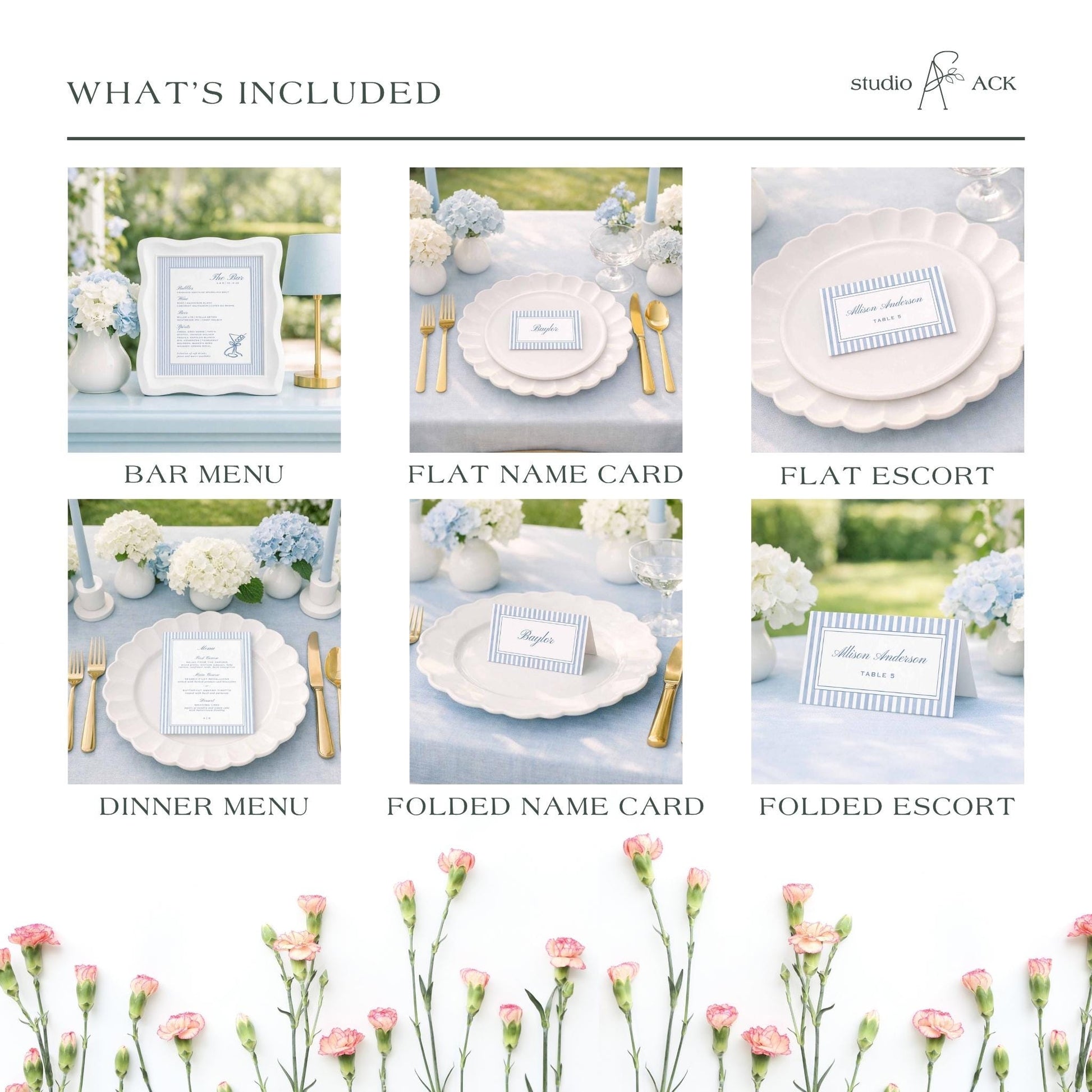 The image is a collage of six different images depicting various elements of a wedding reception, including table settings, floral arrangements, and name cards.