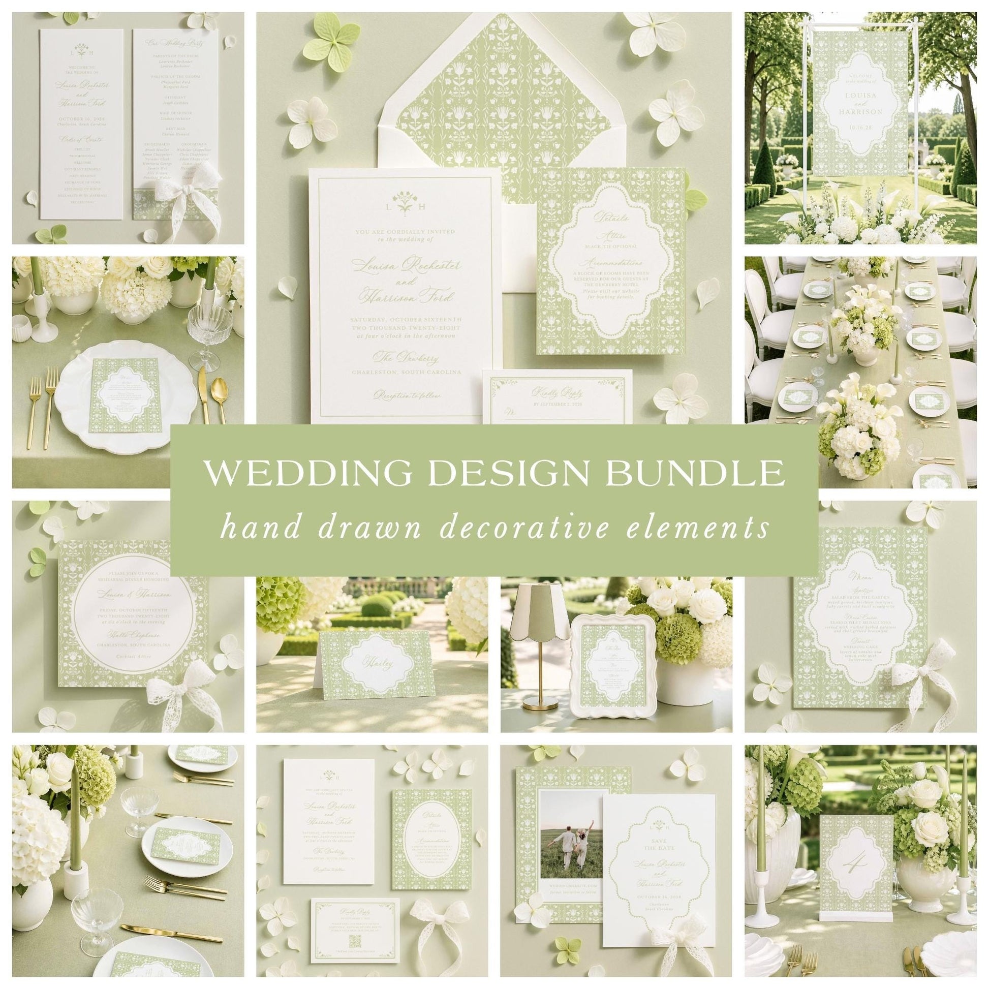 The image is a collage of various wedding-related elements, including invitations, place settings, floral arrangements, and other decorative details, all presented in a harmonious and elegant color scheme of white and green.