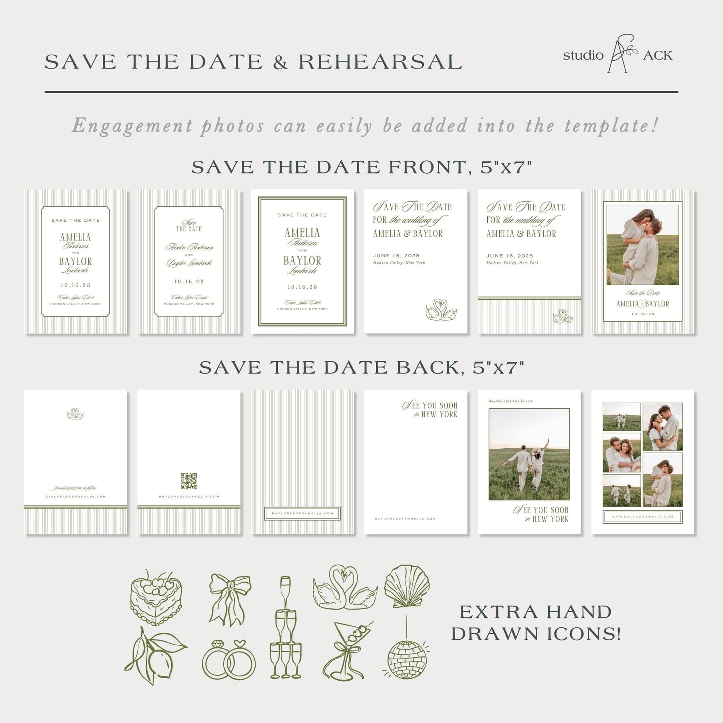various save the date and rehearsal invitation cards, along with some hand-drawn icons. The cards feature text and images related to wedding planning and engagement photos.