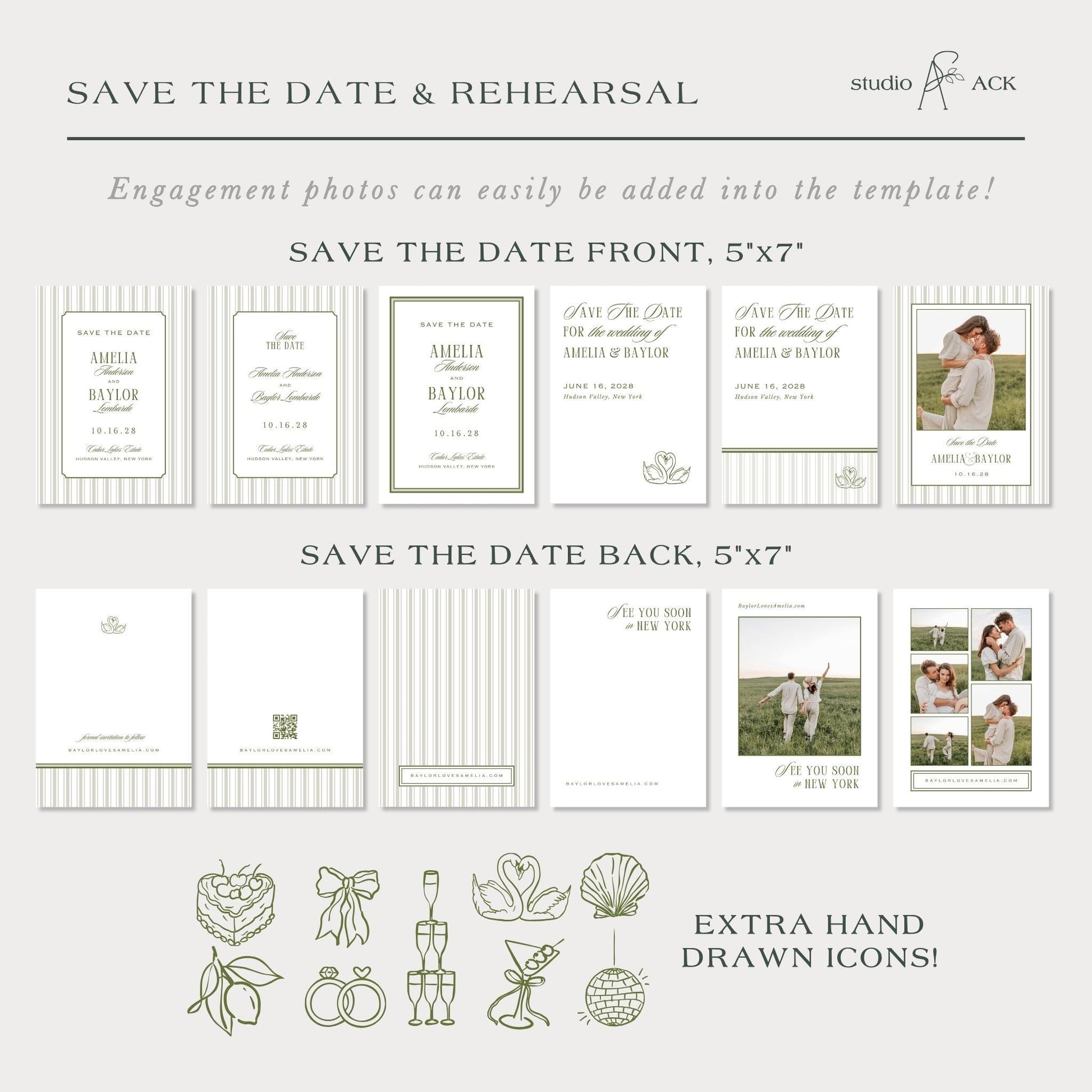 various save the date and rehearsal invitation cards, along with some hand-drawn icons. The cards feature text and images related to wedding planning and engagement photos.
