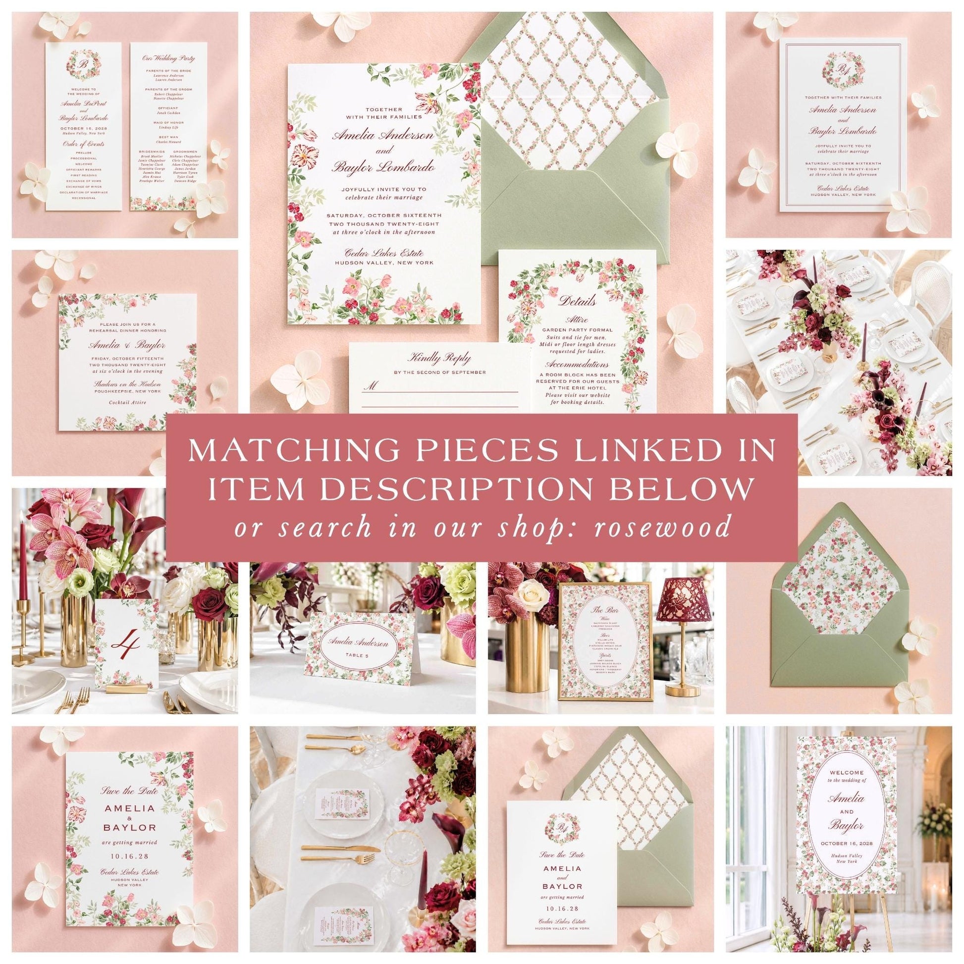 The image is a collage of various wedding-related items, including floral arrangements, stationery, and other decorative elements, all set against a pink background.