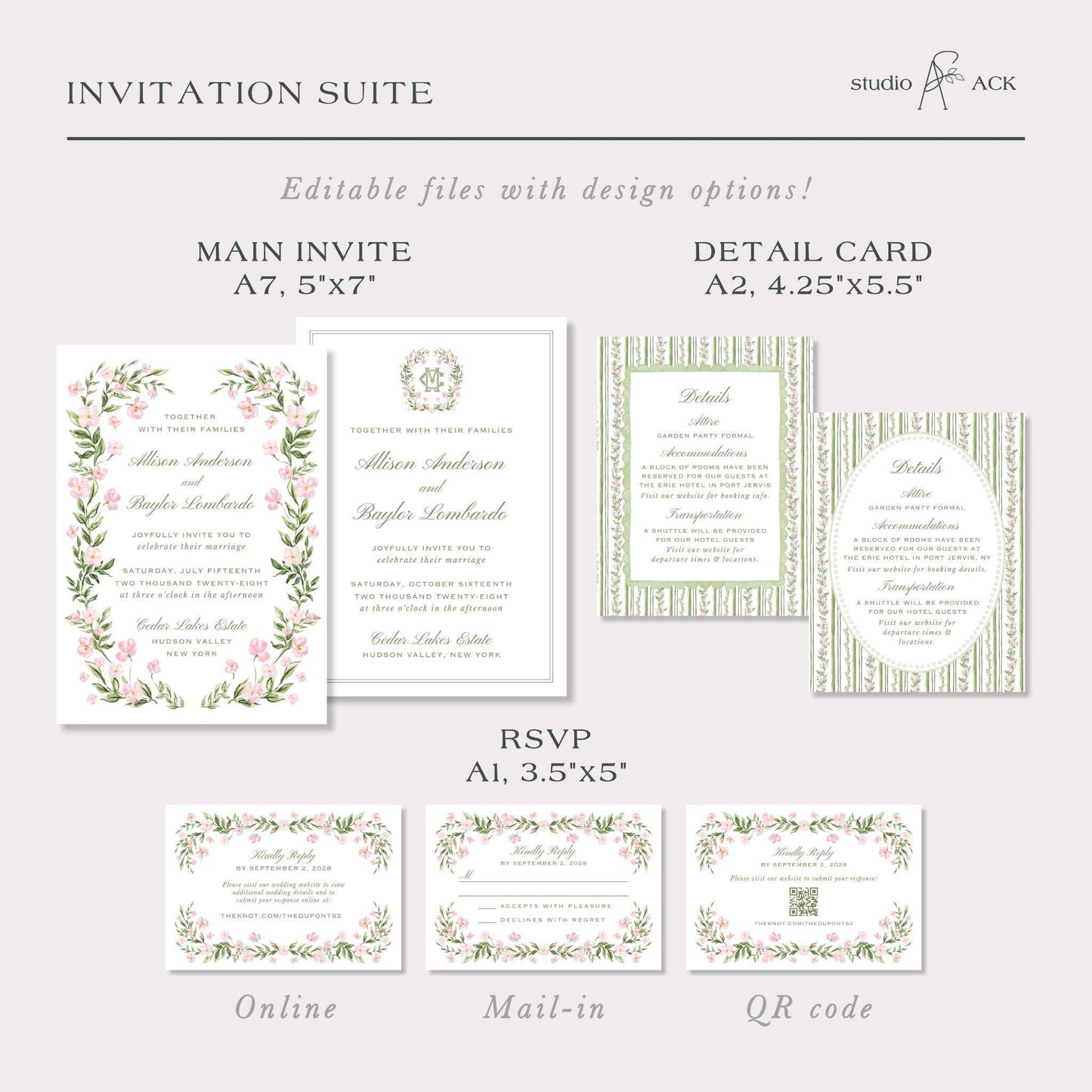a collection of wedding invitation suite designs, including the main invitation, detail card, RSVP, and other related materials.