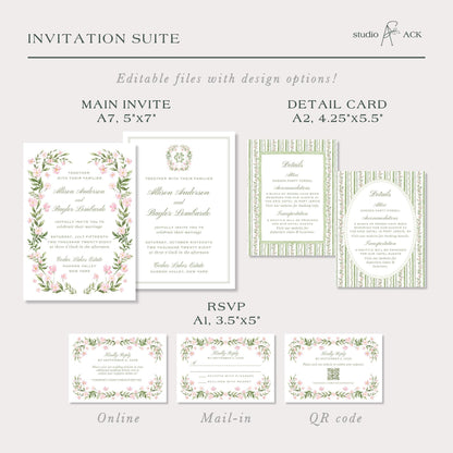 a collection of wedding invitation suite designs, including the main invitation, detail card, RSVP, and other related materials.