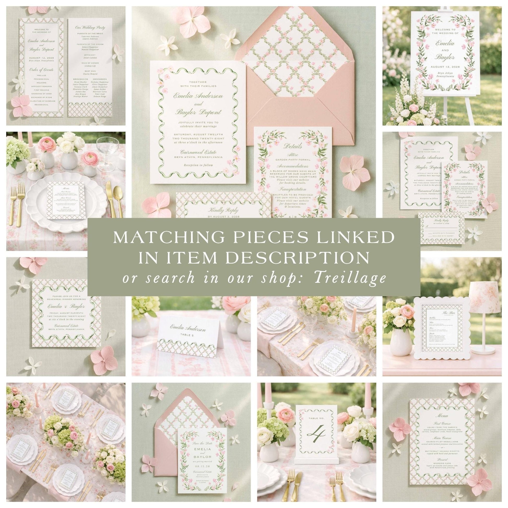 The image is a collage of various wedding-related items, including invitations, stationery, floral arrangements, and table settings, all in a soft, pastel color palette.