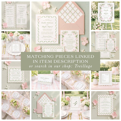 The image is a collage of various wedding-related items, including invitations, stationery, floral arrangements, and table settings, all in a soft, pastel color palette.