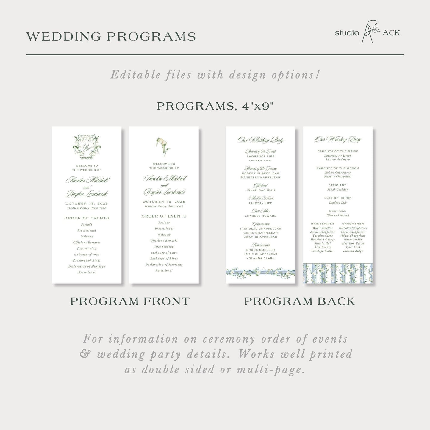 Blue, White & Green Wedding Program Template