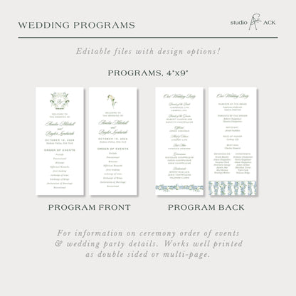 Blue, White & Green Wedding Program Template