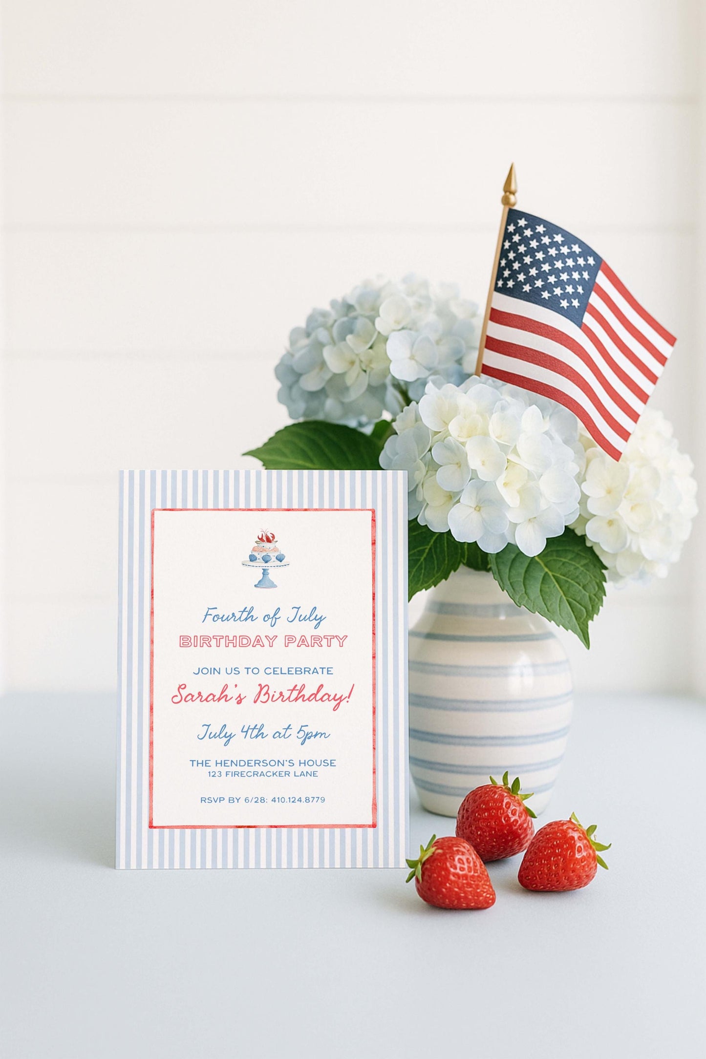 Fourth of July Birthday Invitation Template, Coastal Red White & Blue Preppy Watercolor, Summer Party Invite for Adult Birthdays, Americana