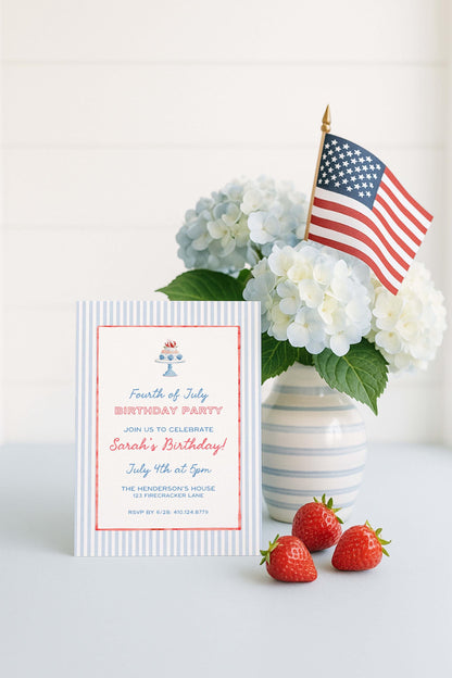 Fourth of July Birthday Invitation Template, Coastal Red White & Blue Preppy Watercolor, Summer Party Invite for Adult Birthdays, Americana