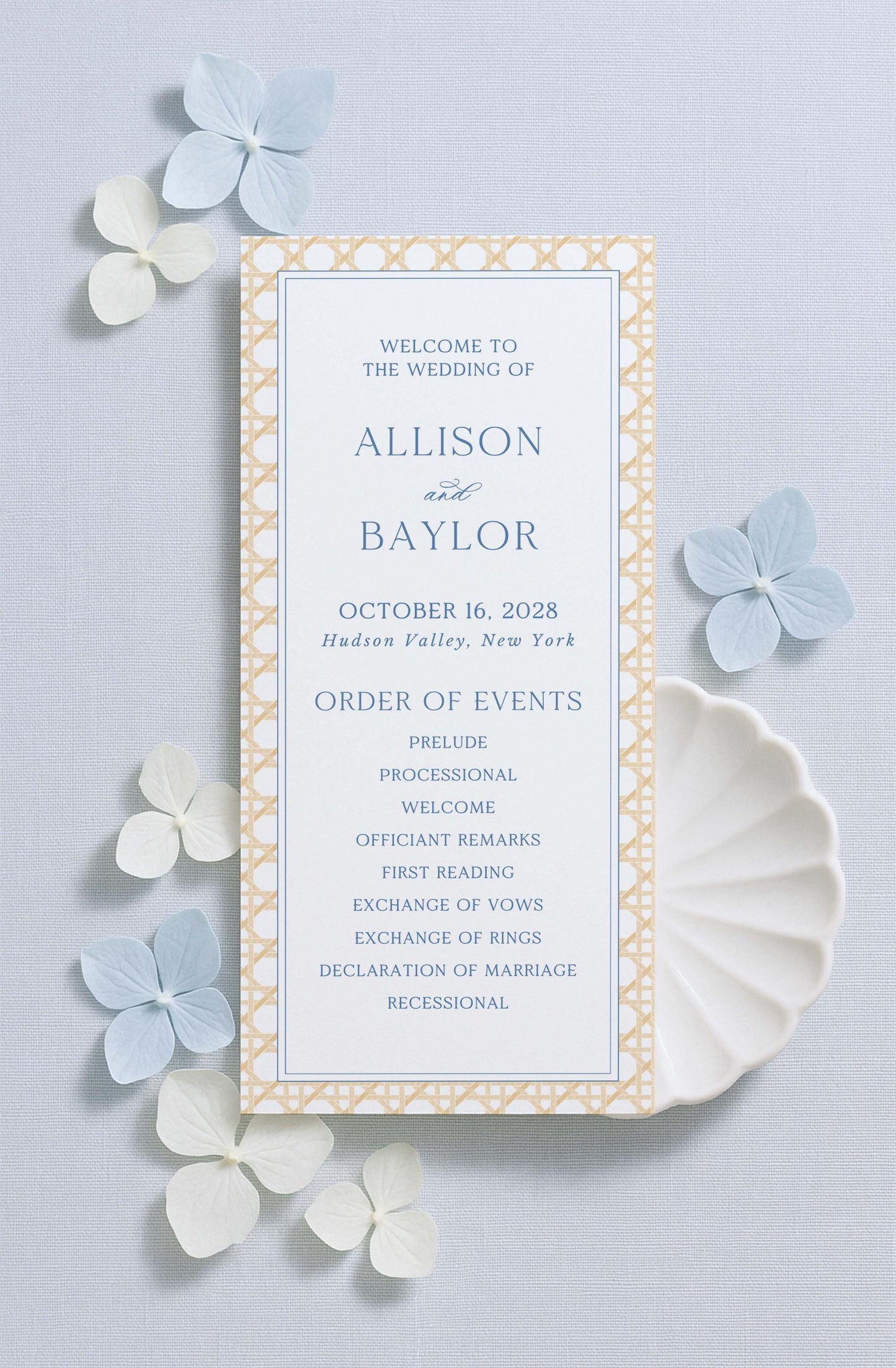 The image is a wedding invitation card with a light blue background and white text.