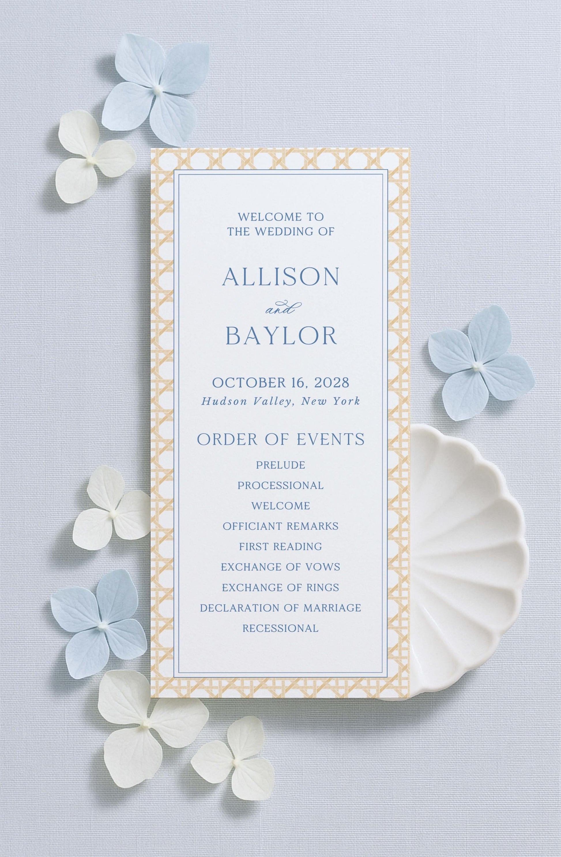 The image is a wedding invitation card with a light blue background and white text.