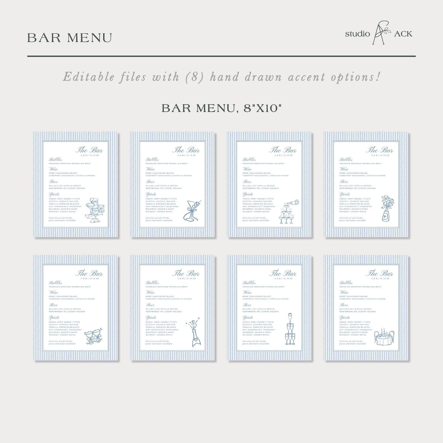 a collection of blue and white bar menu cards with various drink options and illustrations.