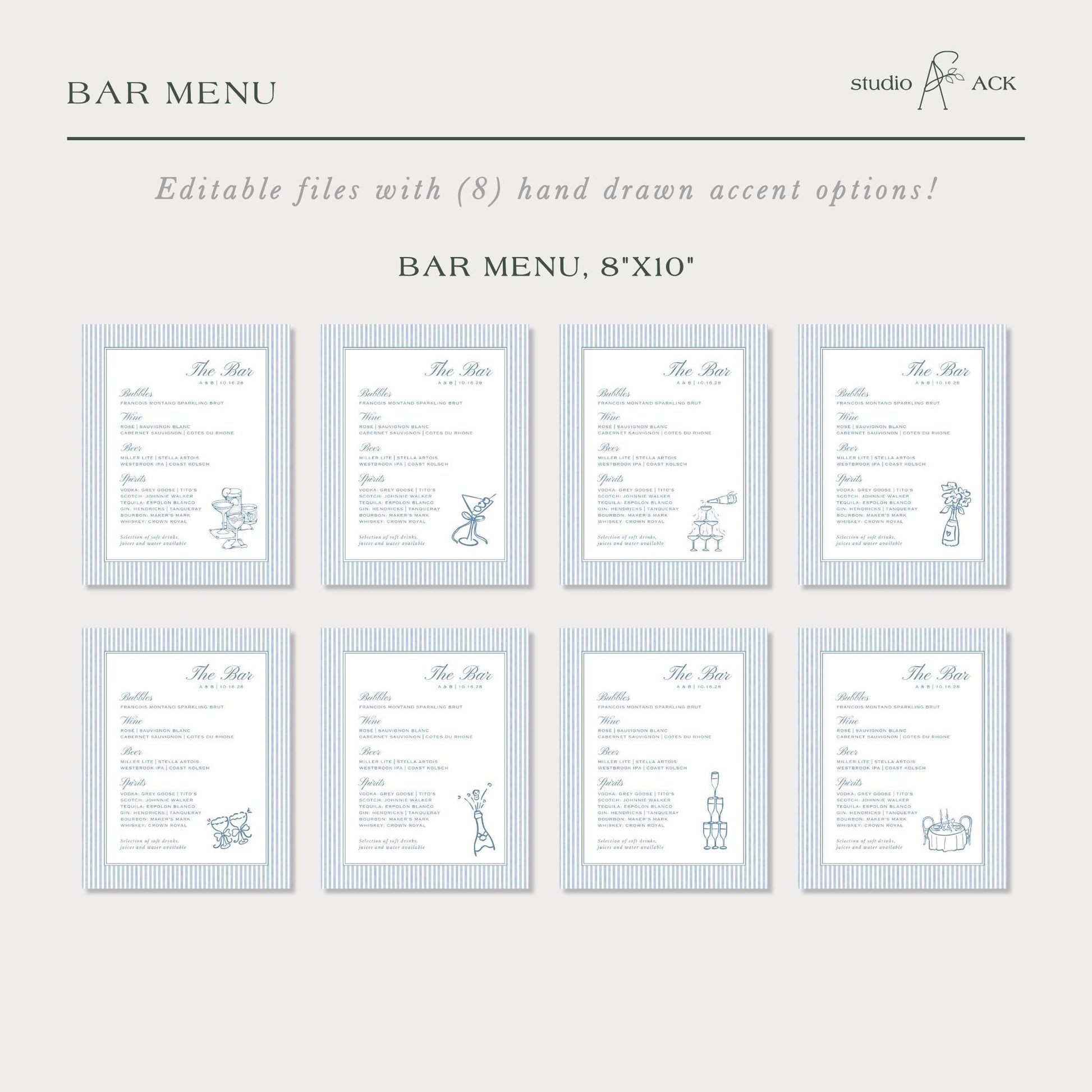a collection of blue and white bar menu cards with various drink options and illustrations.