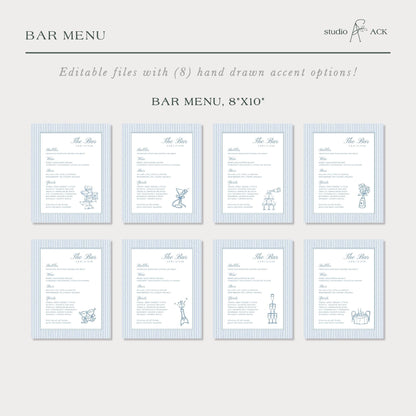 a collection of blue and white bar menu cards with various drink options and illustrations.