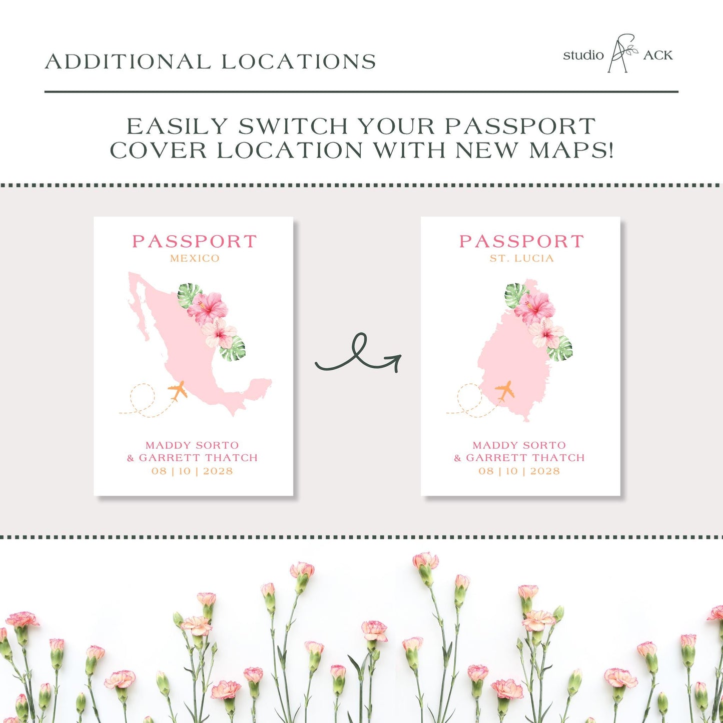 Pink & Orange Tropical Wedding Passport Invitation Template