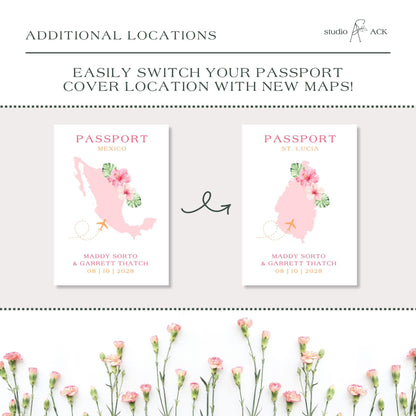 Pink & Orange Tropical Wedding Passport Invitation Template