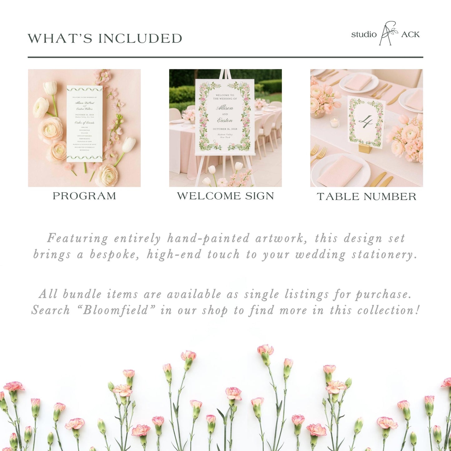 The image is a collage of three images, each depicting different wedding stationery items. The first image shows a wedding invitation, the second image displays a welcome sign, and the third image shows a table number.