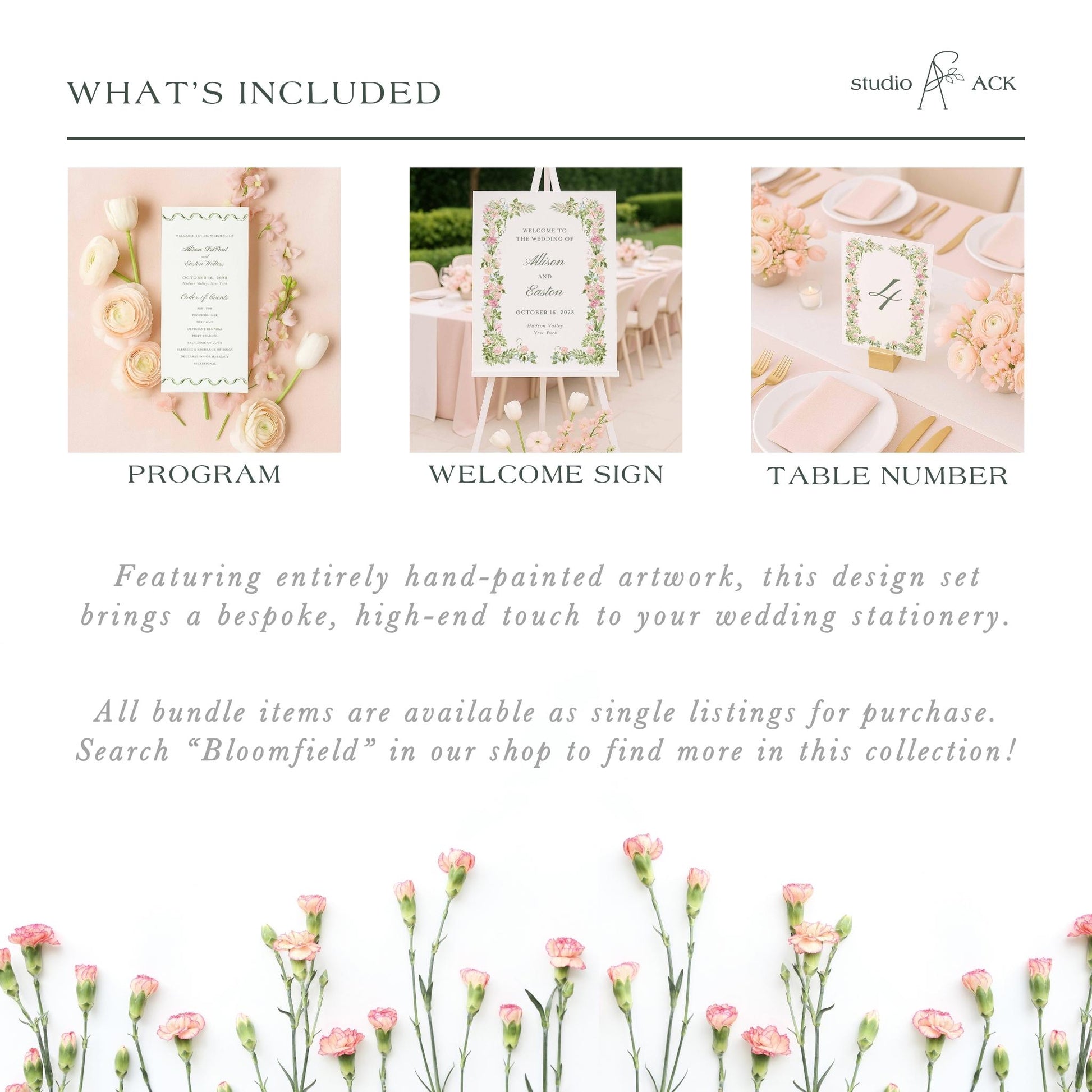 The image is a collage of three images, each depicting different wedding stationery items. The first image shows a wedding invitation, the second image displays a welcome sign, and the third image shows a table number.