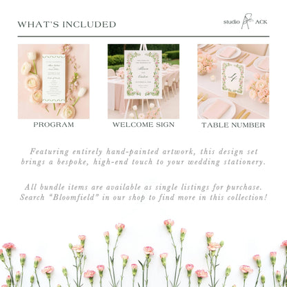The image is a collage of three images, each depicting different wedding stationery items. The first image shows a wedding invitation, the second image displays a welcome sign, and the third image shows a table number.