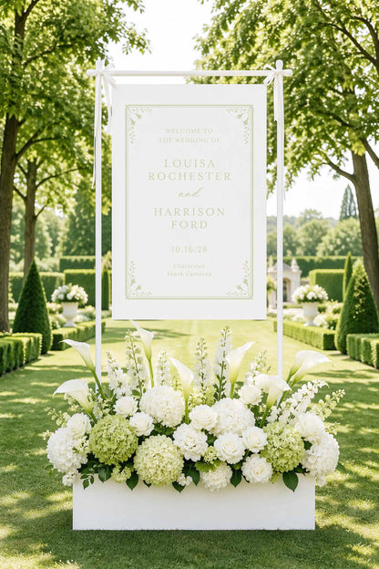 A white sign with a floral arrangement in front of it, welcoming guests to the wedding of Louisa Rochester and Harrison Ford.