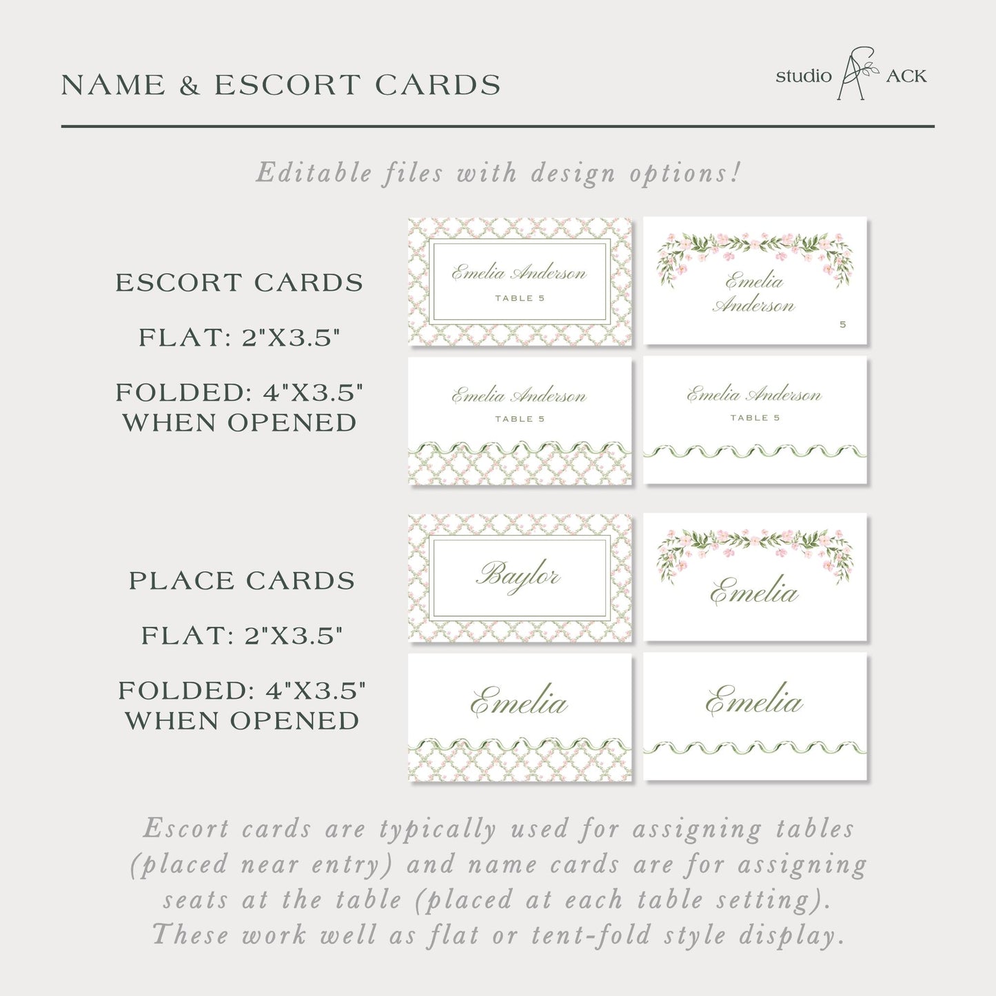 a collection of name and escort cards, which are typically used for assigning tables and name cards for seating at the table. These cards can be edited with design options, making them a versatile tool for event planning and decoration.