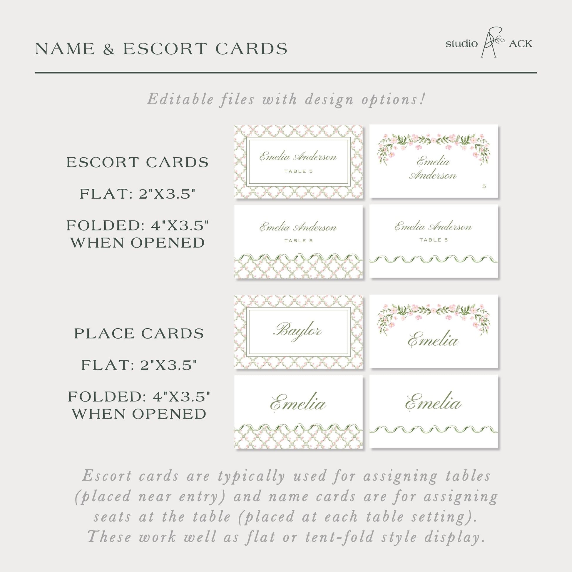 a collection of name and escort cards, which are typically used for assigning tables and name cards for seating at the table. These cards can be edited with design options, making them a versatile tool for event planning and decoration.