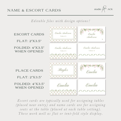a collection of name and escort cards, which are typically used for assigning tables and name cards for seating at the table. These cards can be edited with design options, making them a versatile tool for event planning and decoration.