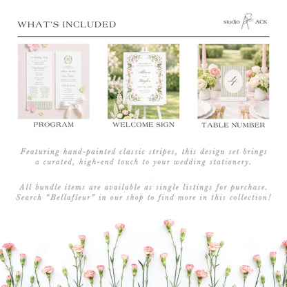 The image is a collage of three wedding stationery items, including a wedding program, a welcome sign, and a table number.